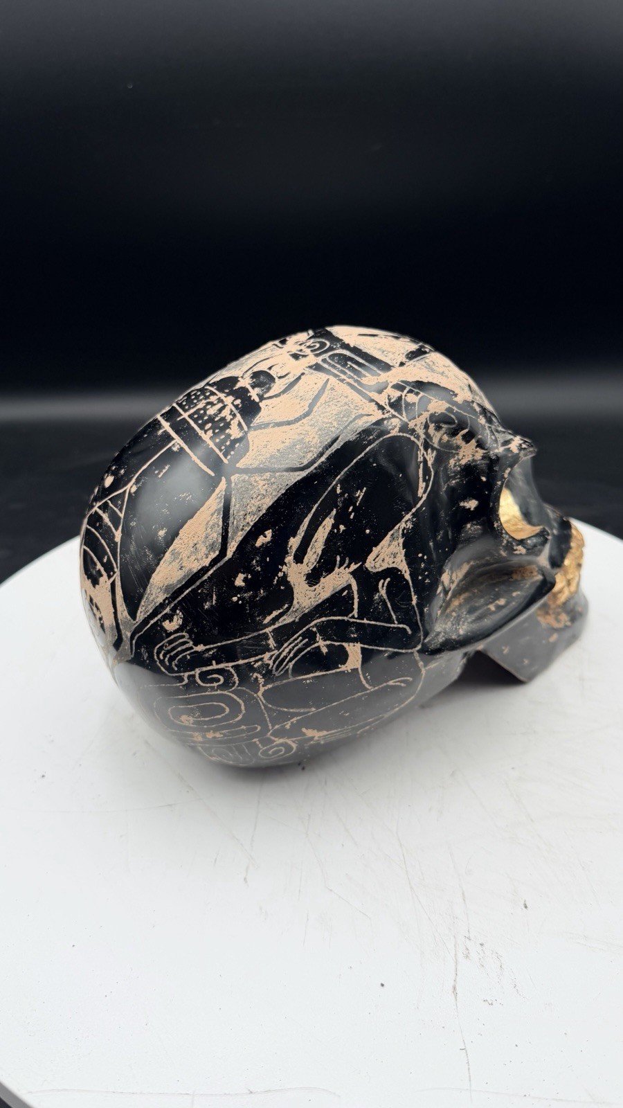 7 Kilo Guerrero Ancient Obsidian Crystal Skull Inlayed Gold Leaf Alien Ojuelos