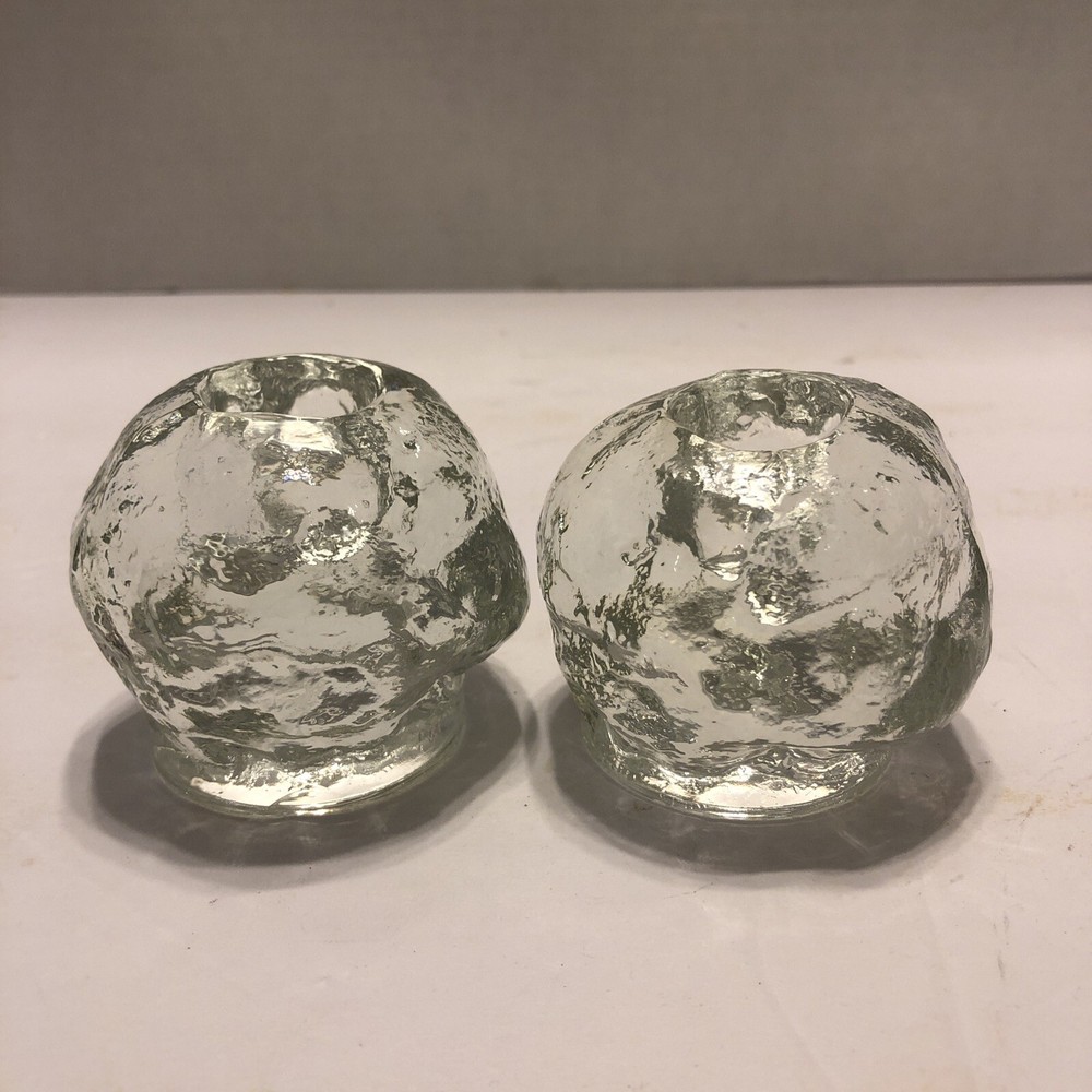 heavy clear glass chunky ice candle holders set 2