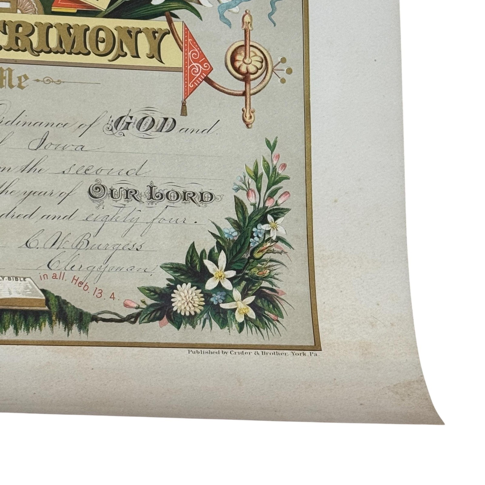 Antique 1882 Crider & Brother Holy Matrimony Marriage Wedding Certificate 15x20