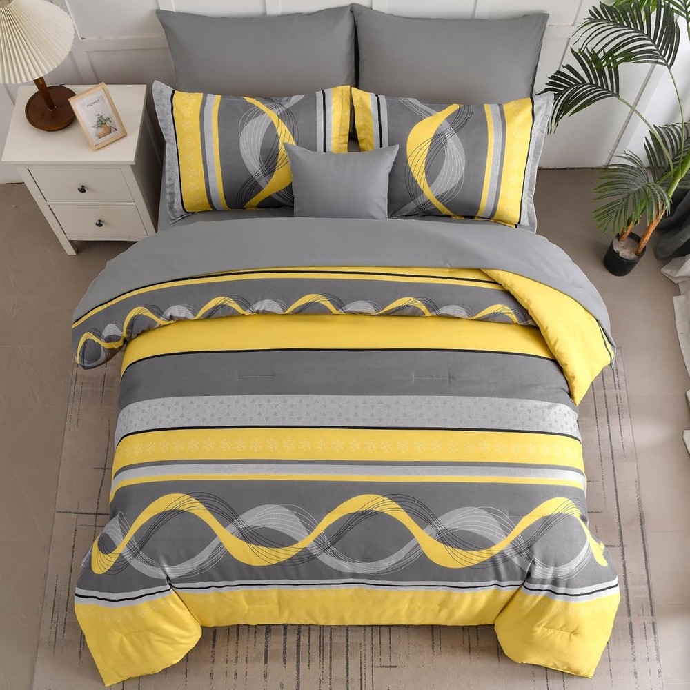 Yellow Comforter Set Queen Size,8 Pieces Bed in a Bag Patchwork Striped Bedding