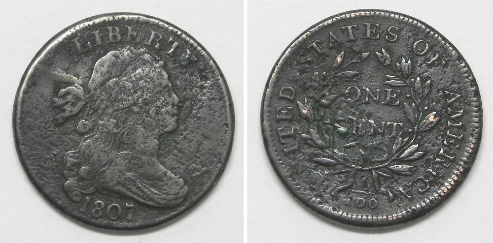 X6830  1807 Draped Bust Large Cent, COMET variety, VF details, corroded