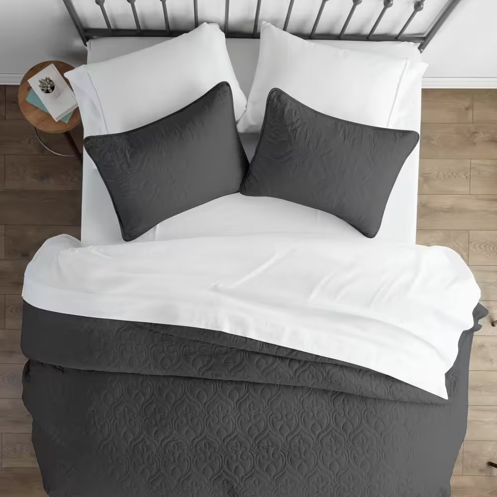 Damask Gray Microfiber Queen Performance Quilted Coverlet Set