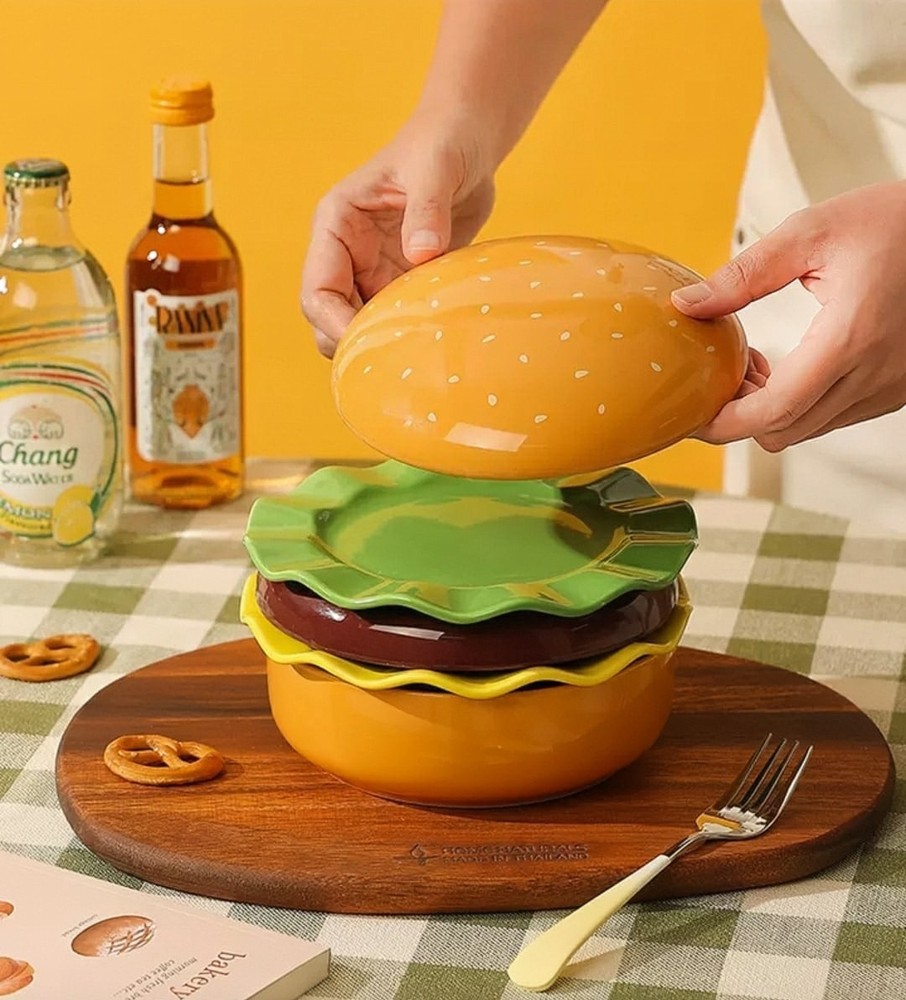 Ceramic Burger Plate Set - Stackable Fun Whimsical Dishes (Bun, Patty, Lettuce)
