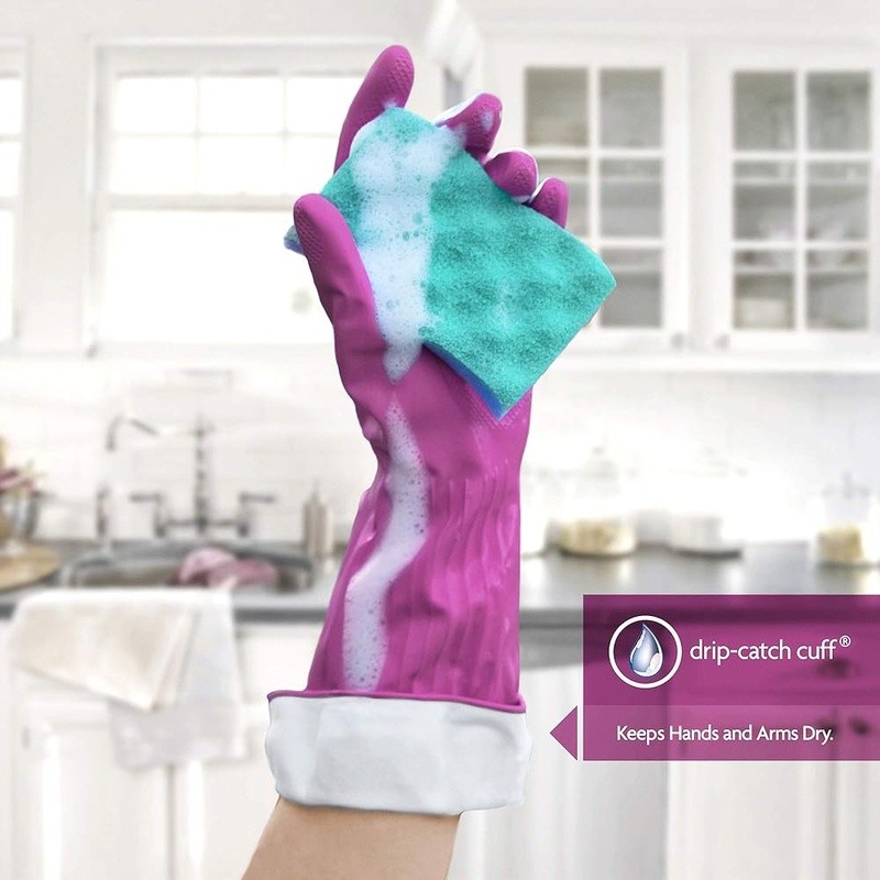 Triple Layer Rubber Gloves Reusable W/ Drip Catch Cuff Textured Grip Medium Pack