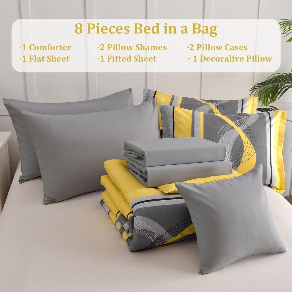 Yellow Comforter Set Queen Size,8 Pieces Bed in a Bag Patchwork Striped Bedding