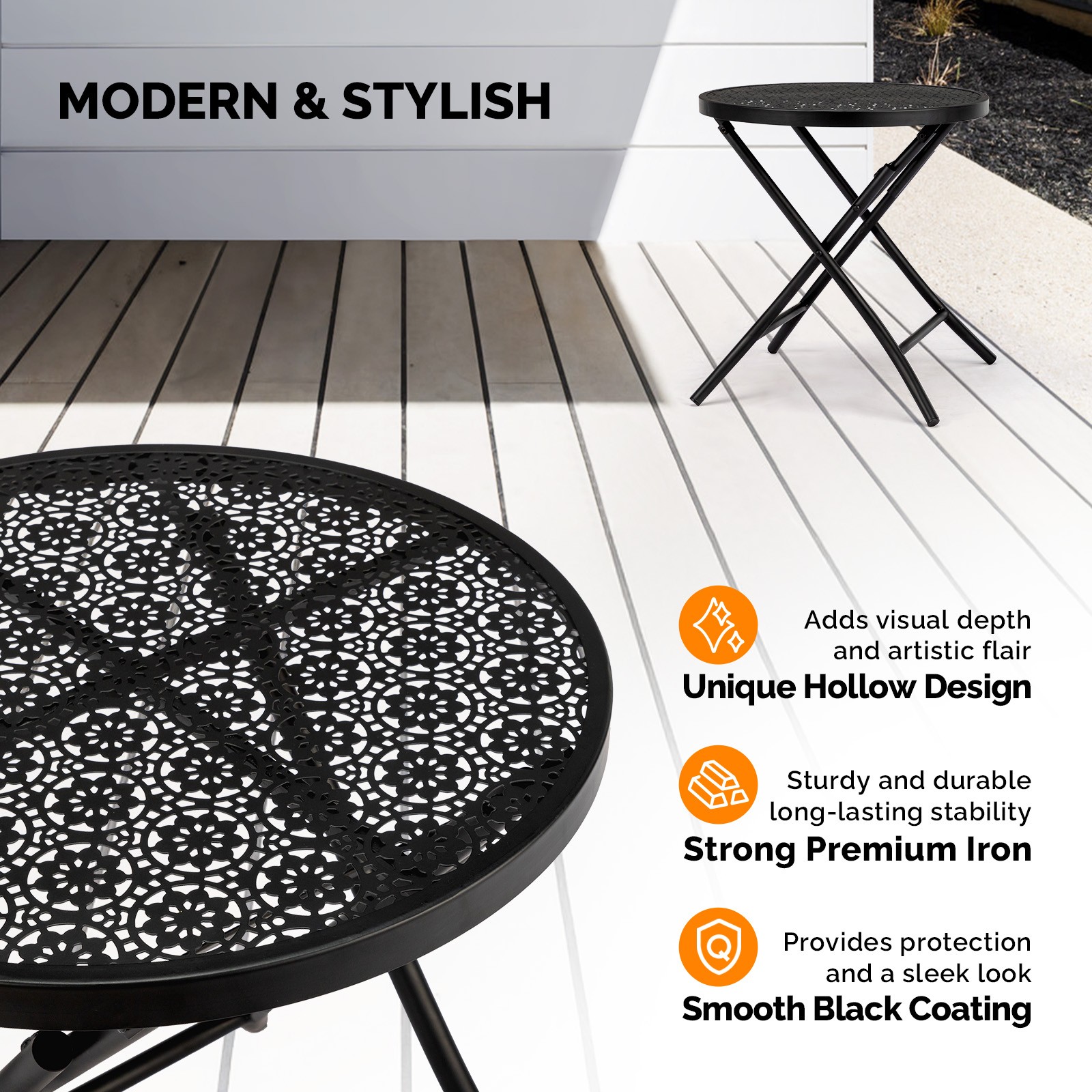 Folding Outdoor Side Table with Flower Cut Outs Weather Resistant Steel Patio