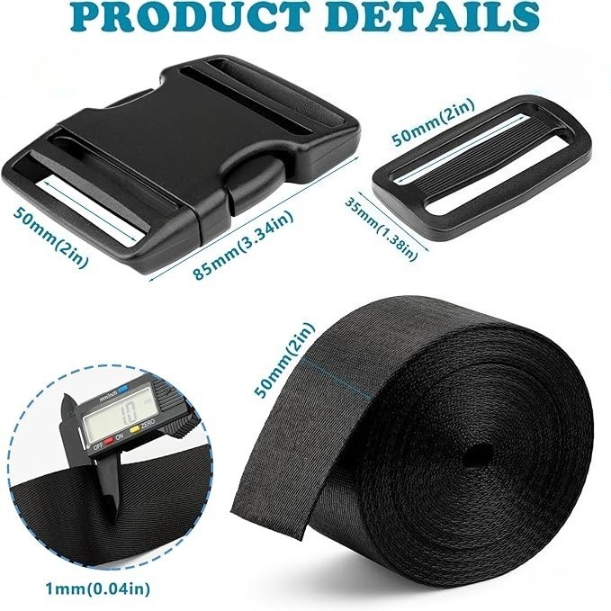 2 Inch/5cm 11 Yards Nylon Webbing Strap w/10 Set Plastic Buckles Side Release