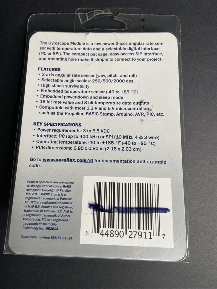 PARALLAX Sensor GYROSCOPE MODULE 3-AXIS L3G4200D also Supplies temperature Data