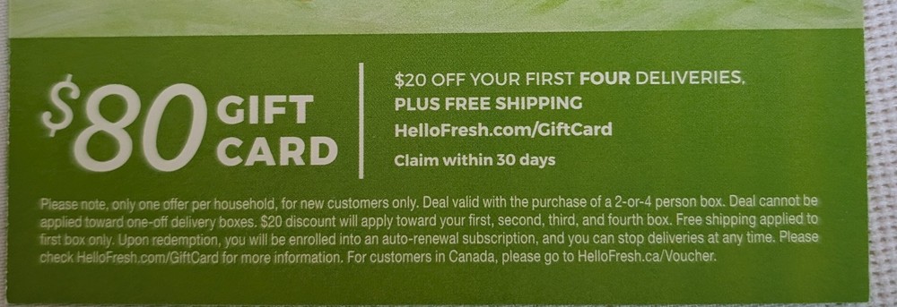 Hello Fresh HelloFresh.com $80 Gift Card ($20 off first four deliveries)