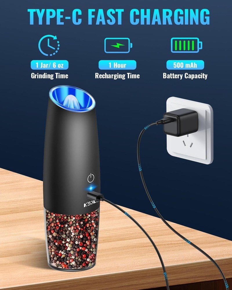 USB Rechargeable Spice Grinder Set with LED & One-Hand Operation - Black 2-Pack