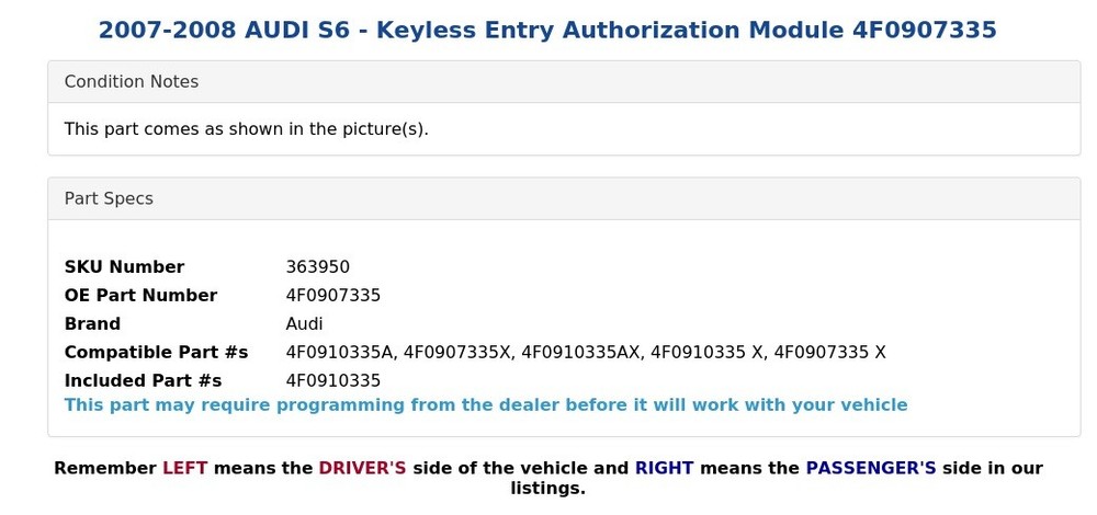 2007-2008 AUDI S6 - Keyless Entry Authorization Module 4F0907335