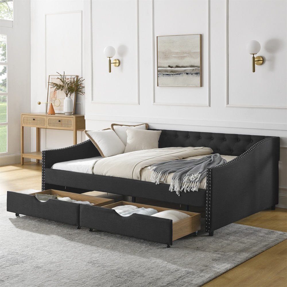 Full Size Daybed Upholstered Bed Frame Sofa Bed w/ 2 Storage Drawer US