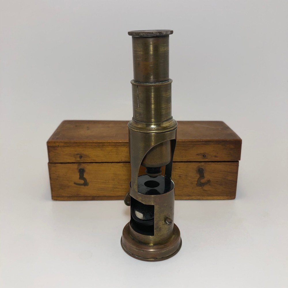 Antique Brass Field Pocket Microscope In Wooden Case