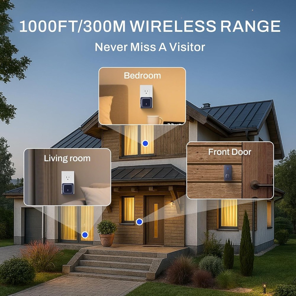 Waterproof Wireless Doorbell - 1000Ft Range, Adjustable Volume & Flash