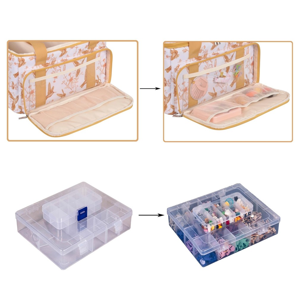 Double Layer Sewing Organizer - Bonus 2 Clear Plastic Boxes/2Detachable Pouch...