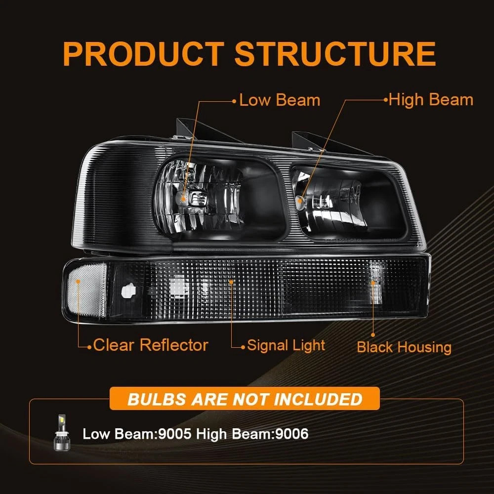 4Pcs Headlight Assembly, Headlights Kit Compatible with 2003-2014 Chevy Express