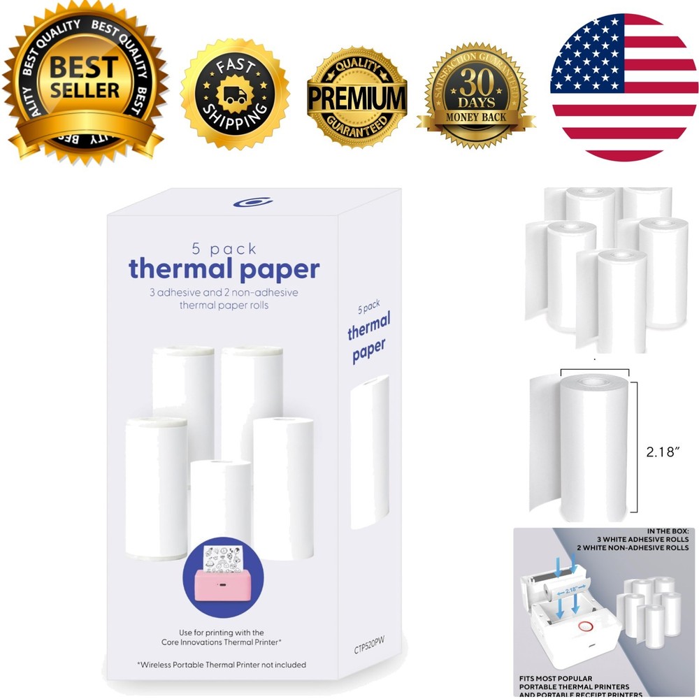 Thermal Printer Paper Bundle - 5-Roll Set: 3 Self-Adhesive & 2 Thermal Rolls