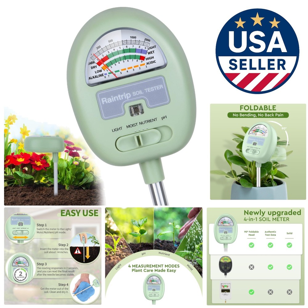 4-in-1 Soil Moisture Meter: pH, Light & Nutrient Tester - No Battery Needed
