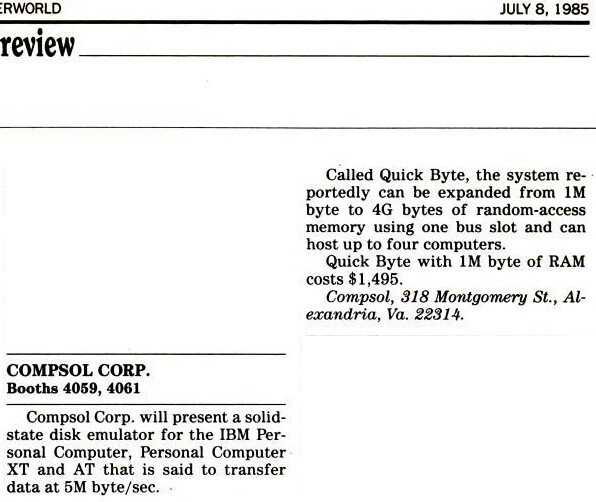 CompSOL Quick Byte 1MB Solid State Hard Disk Emulator Vintage 1980s