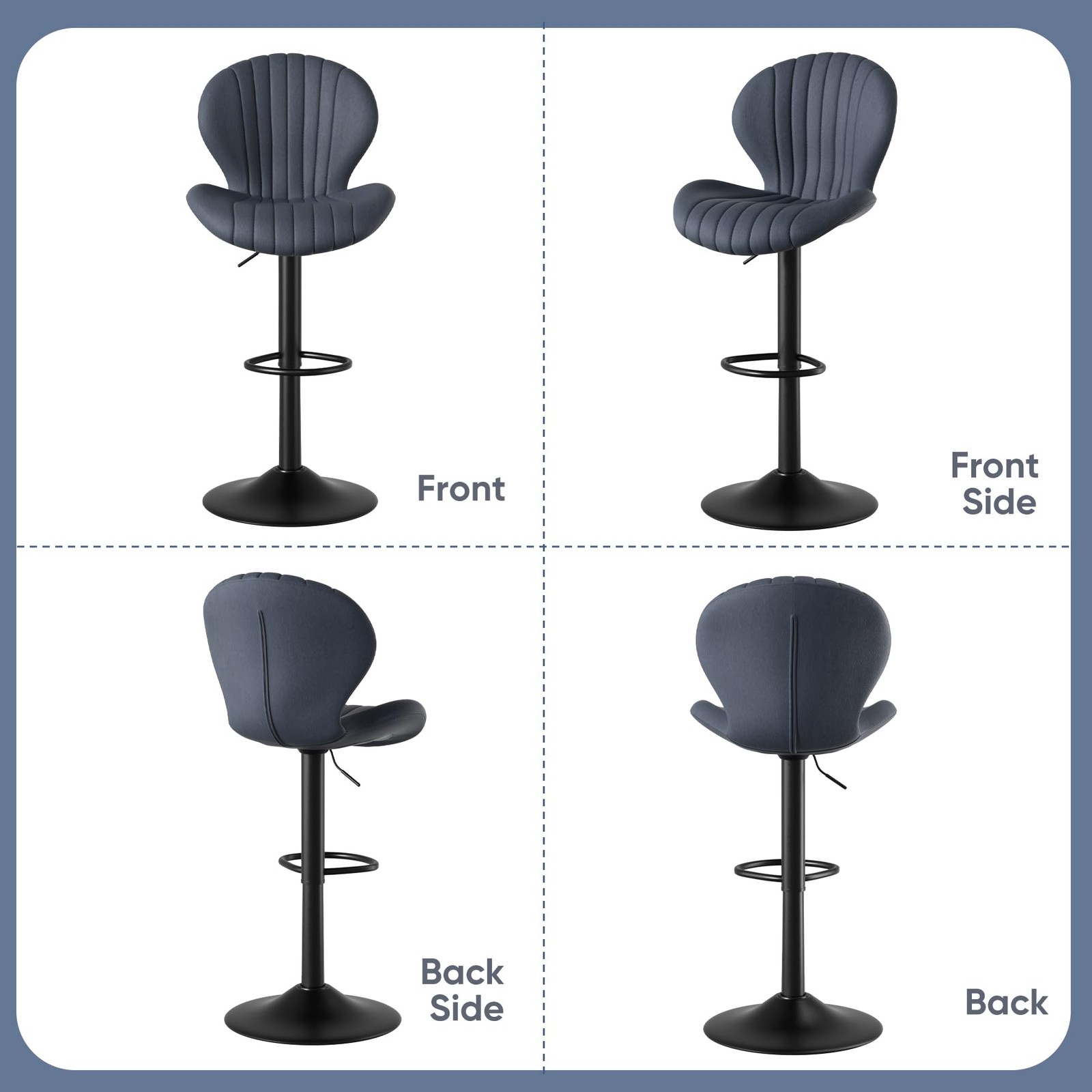 Modern Fabric Upholstered Bar Chairs Set of 2 Adjustable Swivel Dark Grey