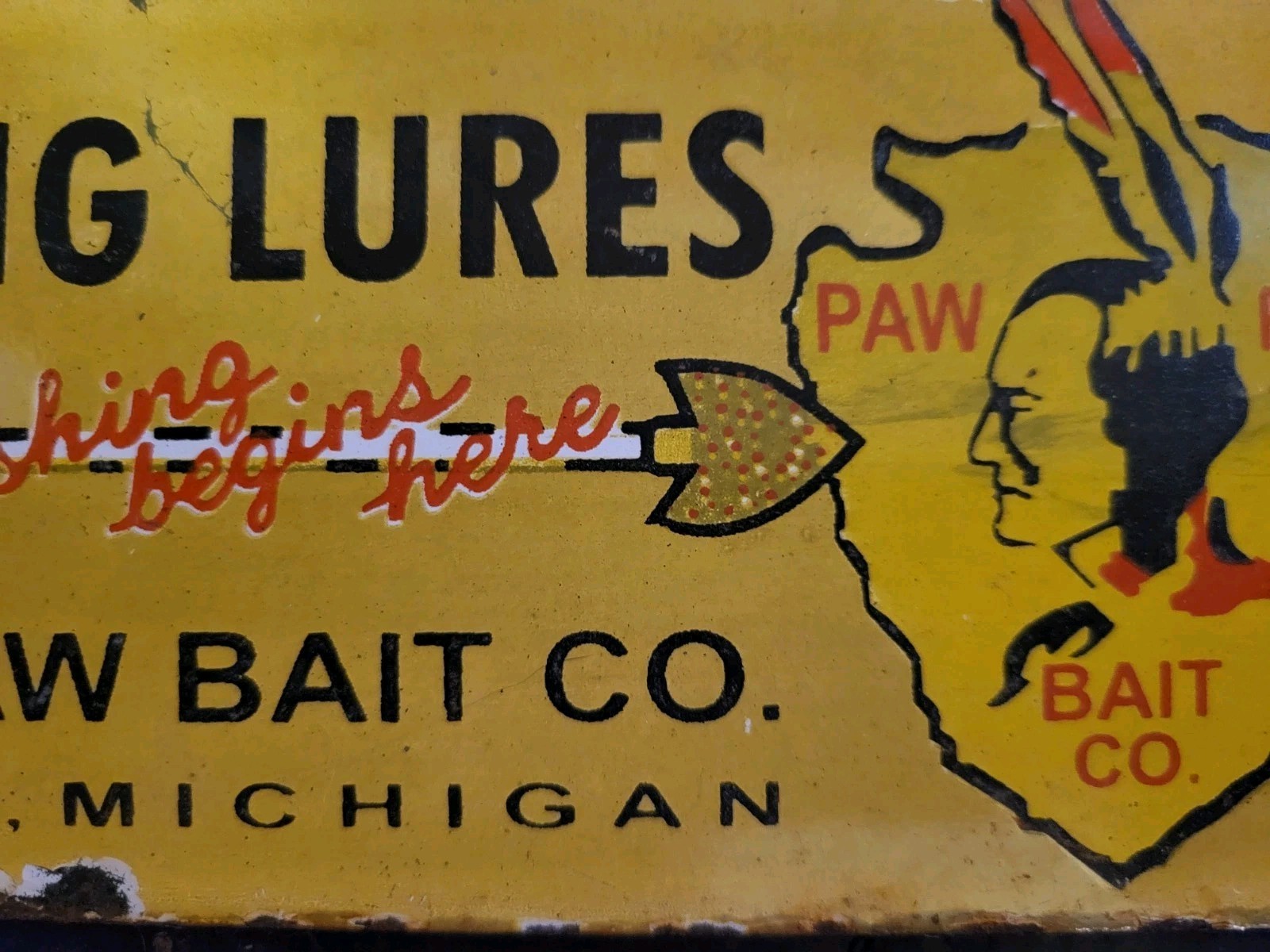 Vintage Paw Paw Bait Porcelain Sign Fishing Bait Lures Bass Michigan Gas Oil