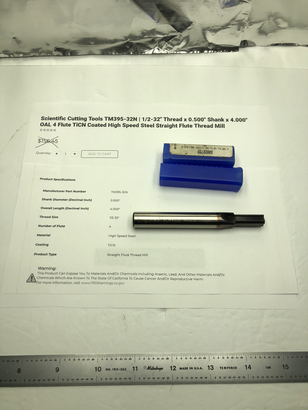 SCT Thread Mill - TM395-32N 1/2-32 1/2" Shank, 4FL - NEW HSS