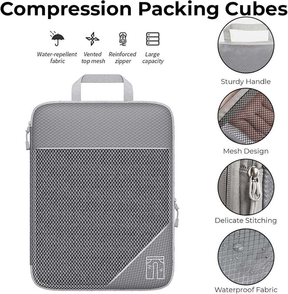 7pc Compression Packing Cubes, Luggage Travel Organizer Set, Grey