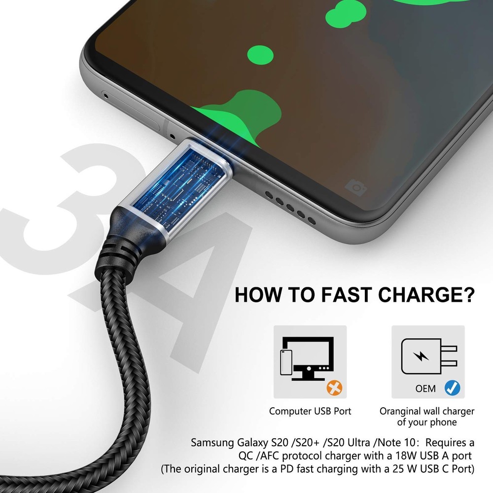 USB Type-C to A Cable 5pack 6ft Braided Fast Charging 3A Quick 6foot, Silver
