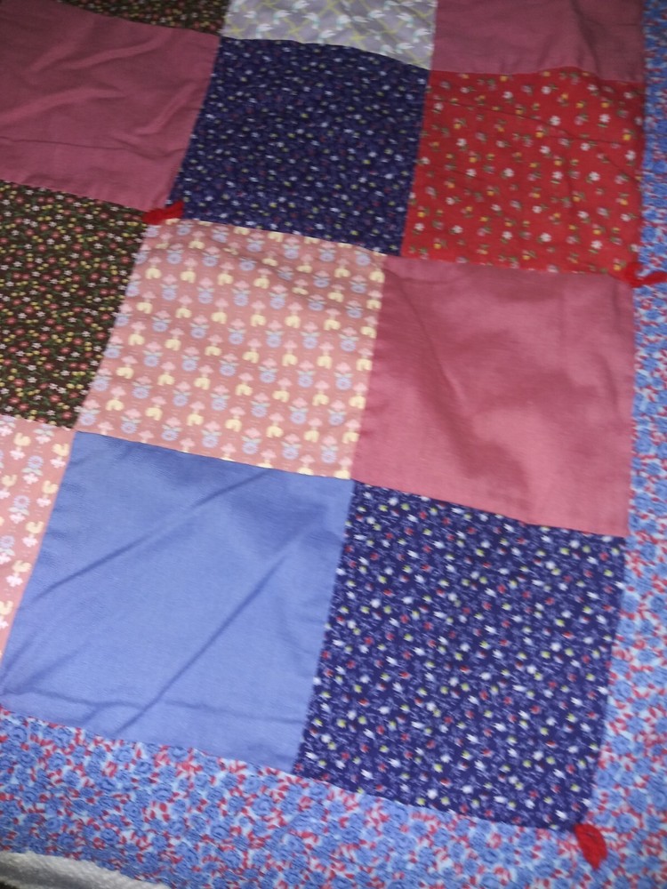 Handmade Tied Light Patchwork Quilt Floral & Solid Squares 74" X 52"