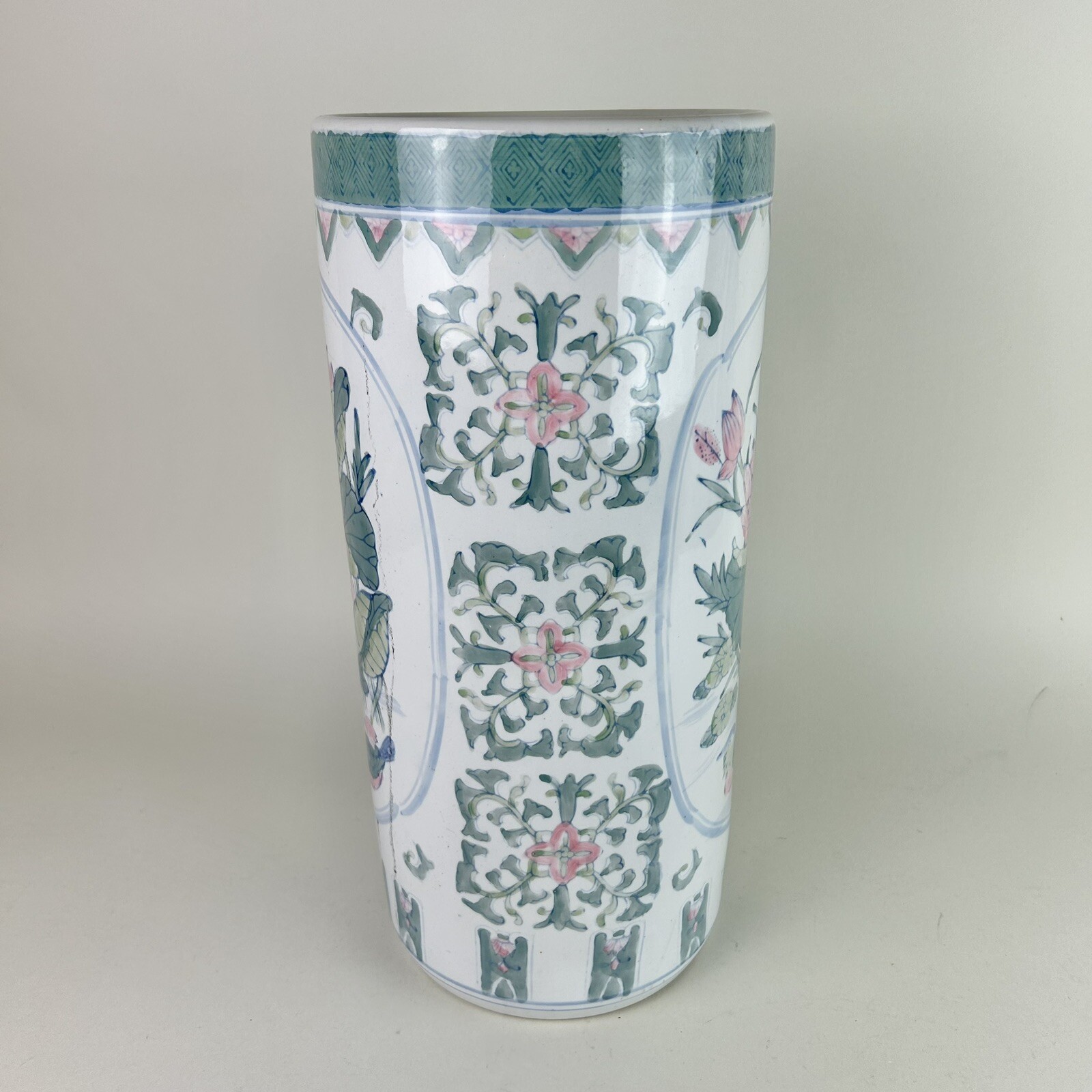 Vintage Ceramic Umbrella Stand 18” Asian Design Floral Birds Flowers