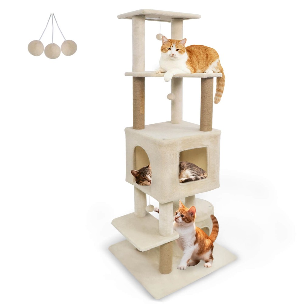 64” Tall Cat Tree with 2 Large Condos, Jute Scratching Posts, Plush Top Perch