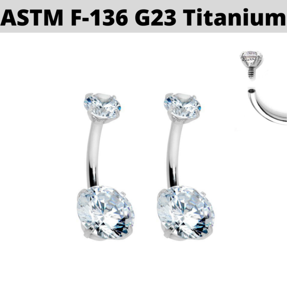 14G TITANIUM INTERNALLY THREADED PRONG SET DOUBLE CZ Gem BELLY BUTTON Navel RING