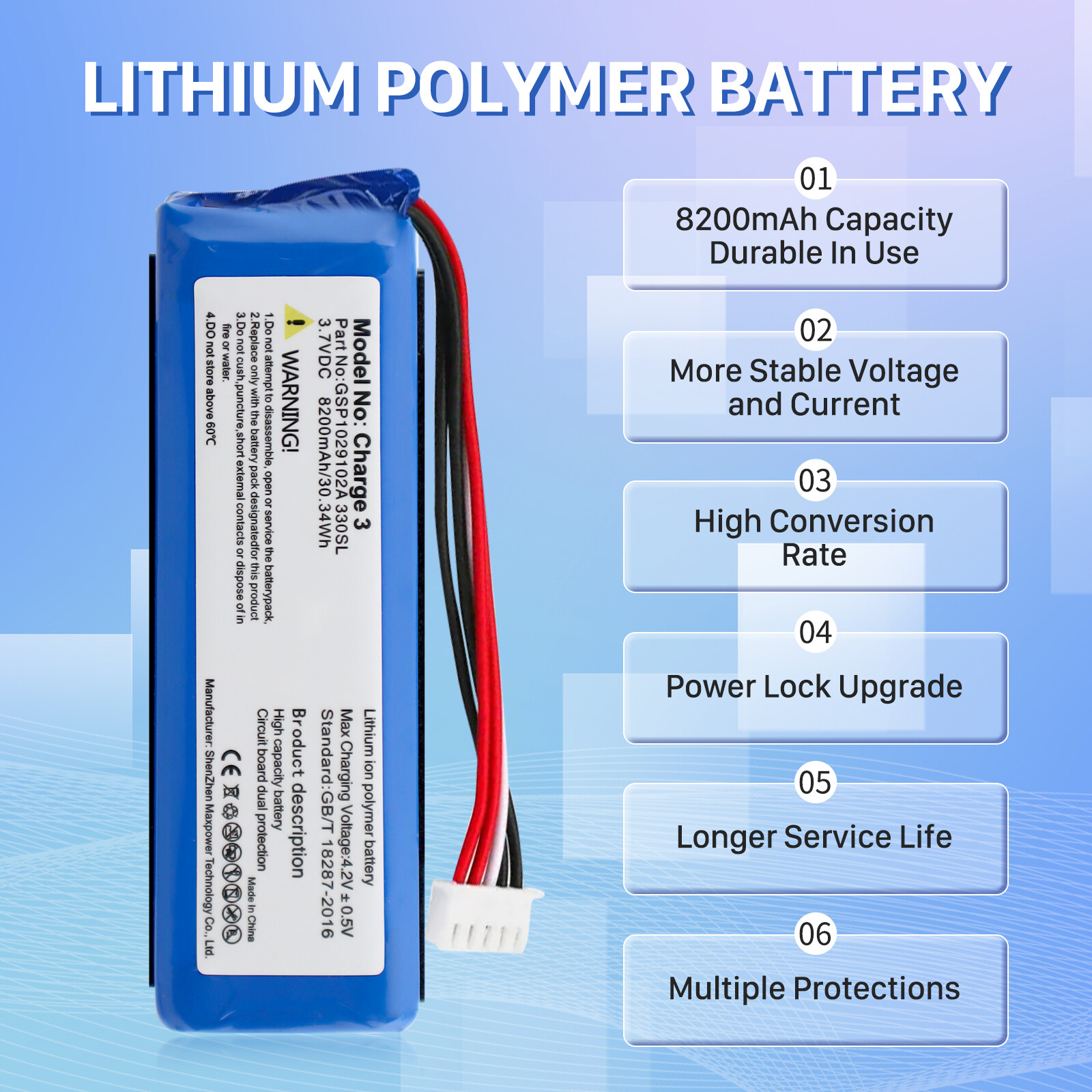 8200mAh GSP1029102A Battery Replacement for JBL Charge 3 2016 Bluetooth Speaker