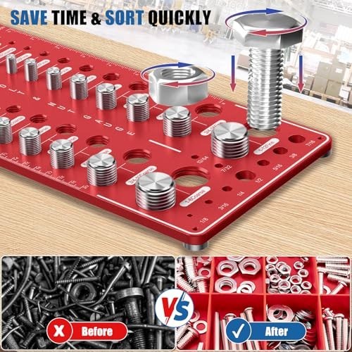 70 Nut & Bolt Thread Checker with Magnetic Base, Wall-Mountable Size Finder & Dr