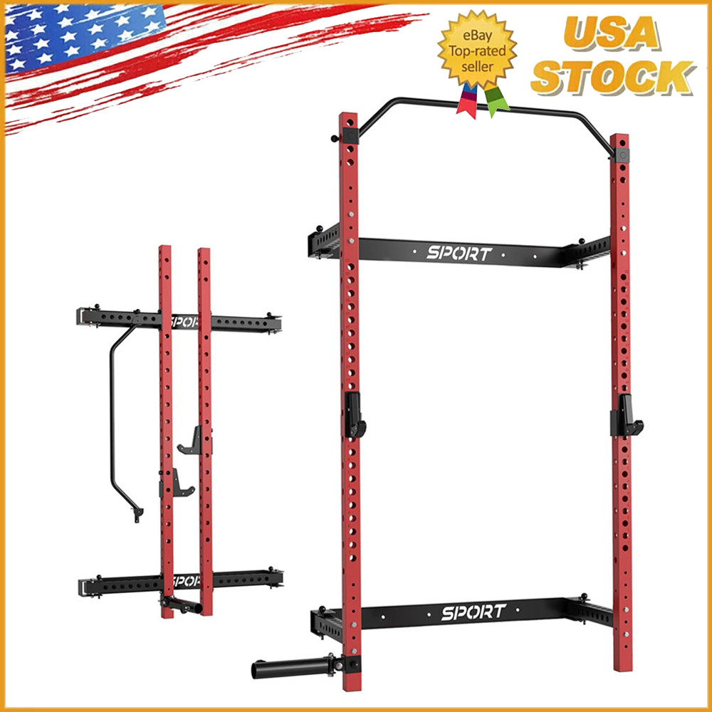 Multi-Function Folding Squat Rack 1000LBS Capacity Wall Mounted with Pull Up Bar