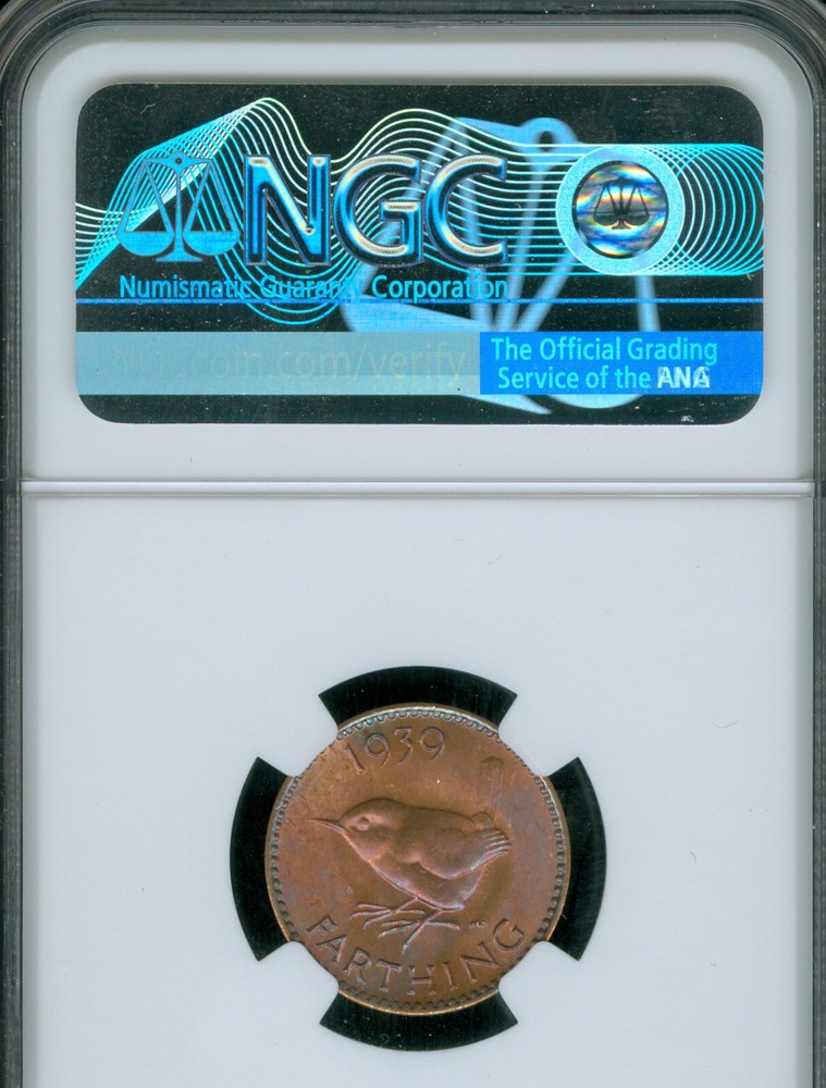 1939 GREAT BRITAIN FARTHING NGC MS65 RD MAC RAINBOW & SPOTLESS *