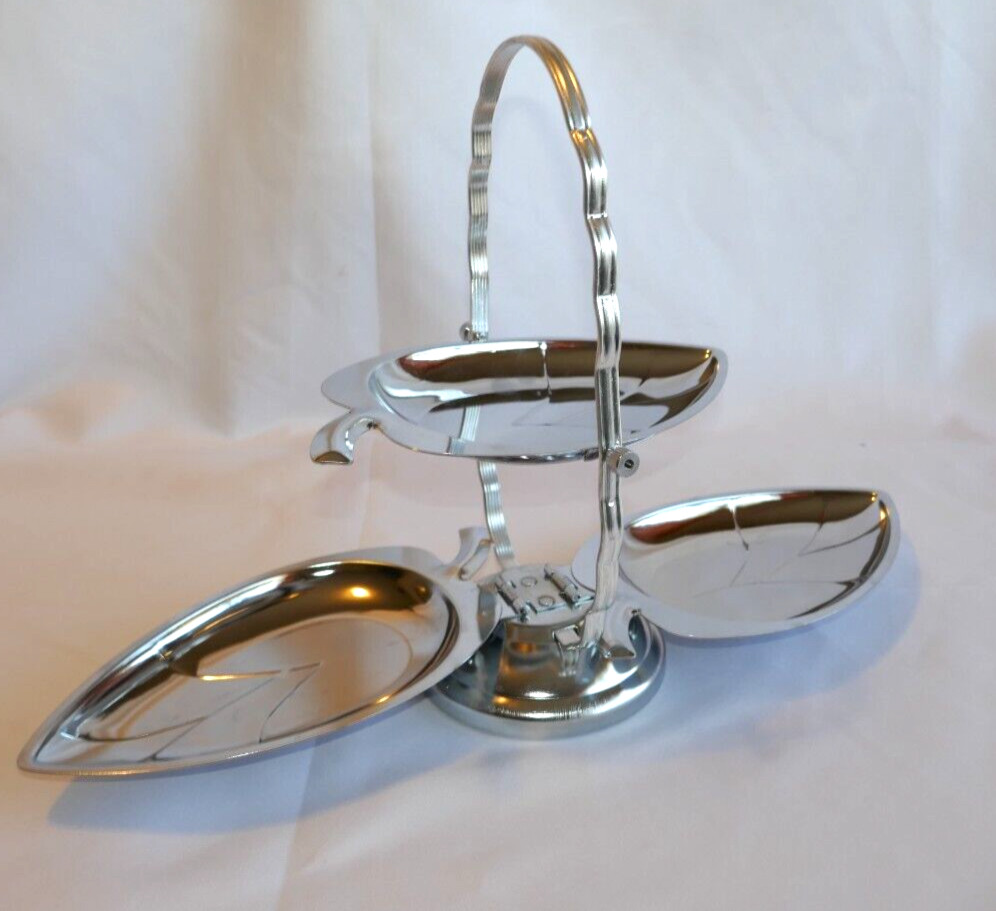 MCM Collapsible Silver Tone 3 Tier Leaf Serveware Snacks TrinketsJewelry Vintage