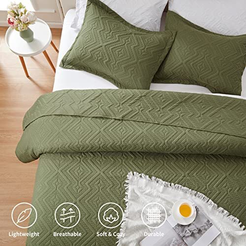 Full/Queen Soft Microfiber Olive Green Bedspread Warm Bedding Quilt Sets