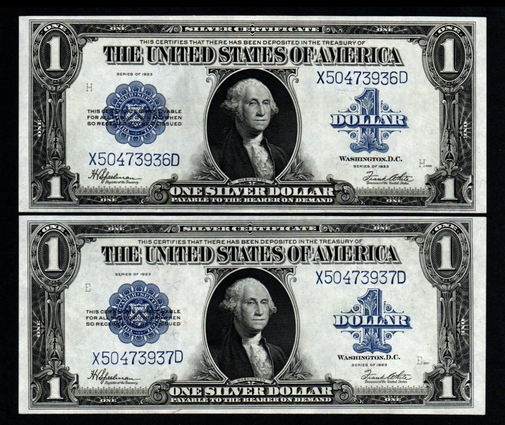CONSECUTIVE PAIR 1923 $1 LARGE Size CRISP AU+/UNC Silver Certificates!
