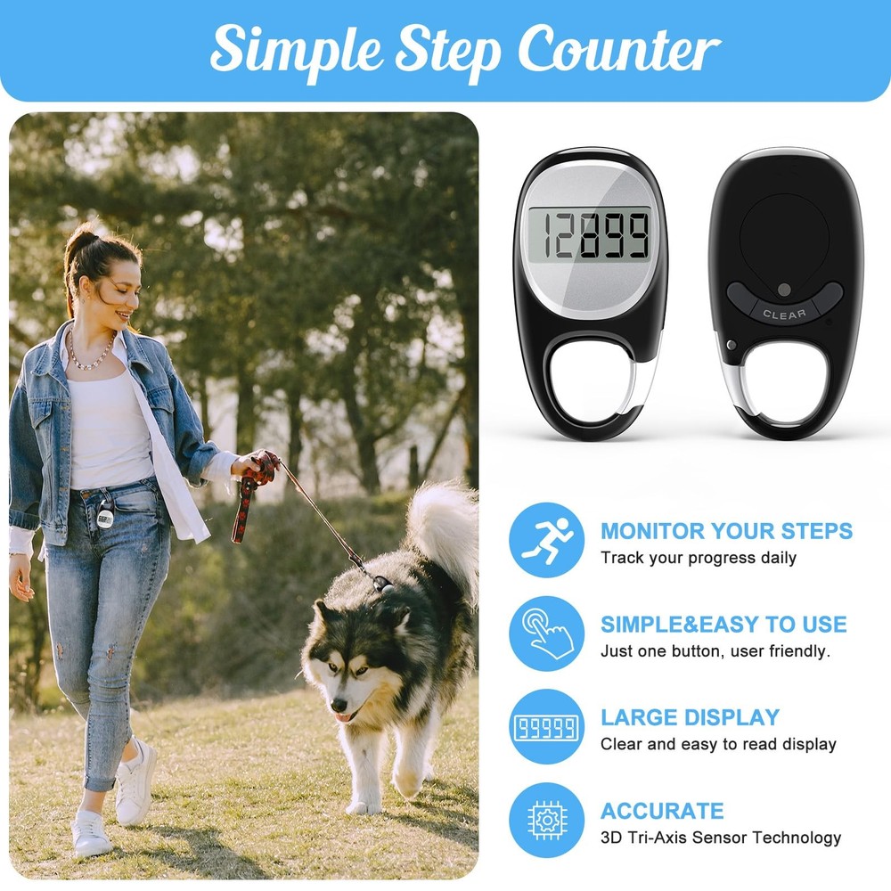 Simple Pedometer for Walking, Accurate Step Tracker with 1.2", Black