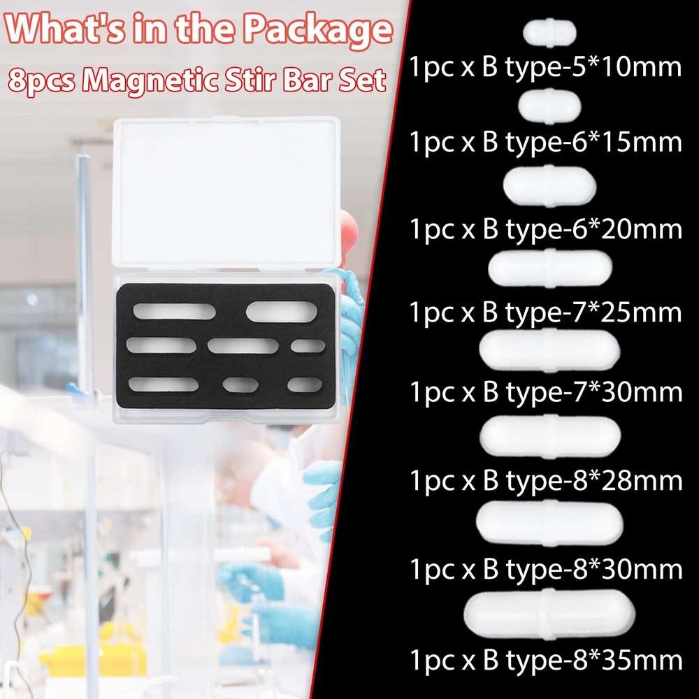 Magnetic Stir Bar Set, Lab Type-B Mixed Size PTFE B-Type Mixed, White