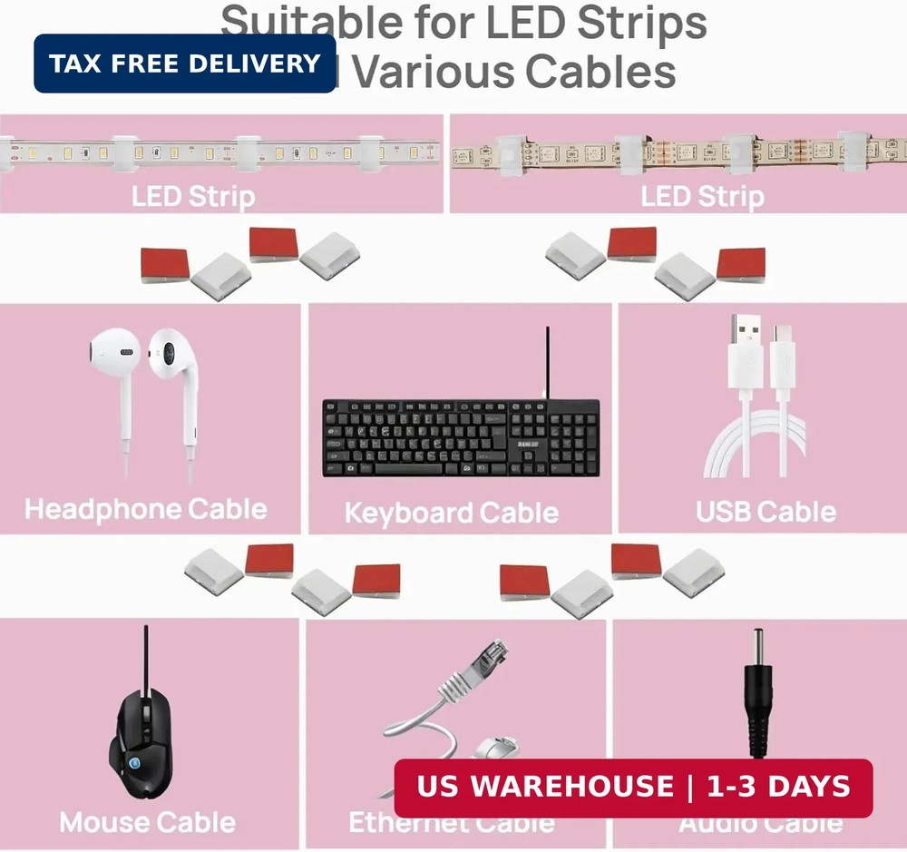 120PCS LED Strip Light Clips, Self-Adhesive Mounting Clips & Mini Cable Clips fo