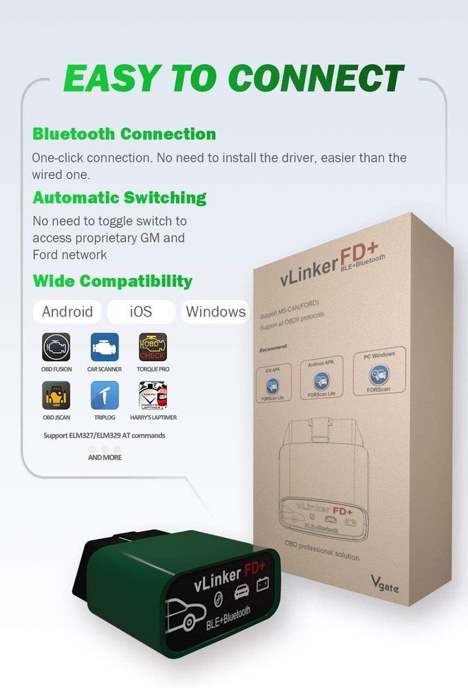 Vgate vLinker FD+ OBD2 Code Reader BT 4.0 Scanner FORScan for iOS Android/Window