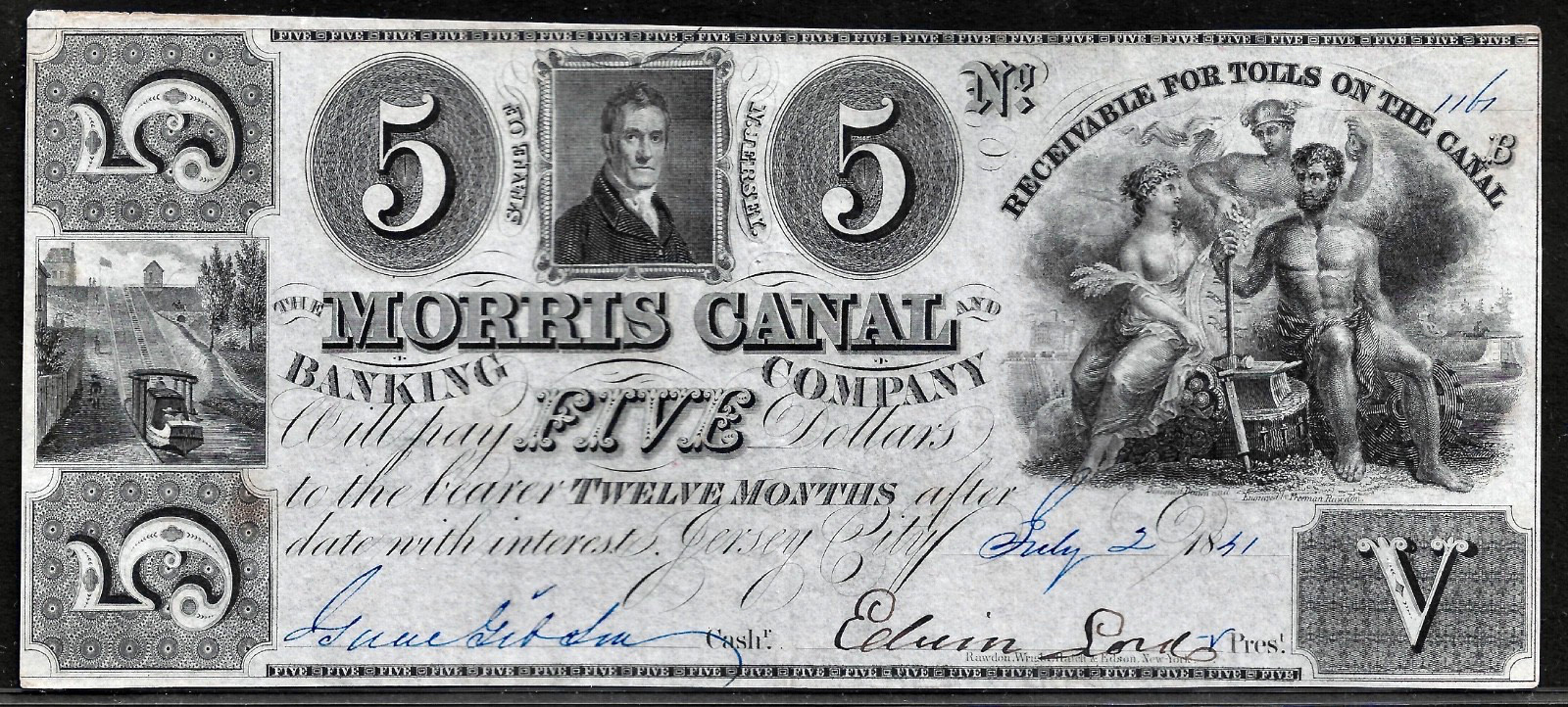 July 2, 1841  New Jersey Morris Canal & Banking $5 Dollar Obsolete Banknote
