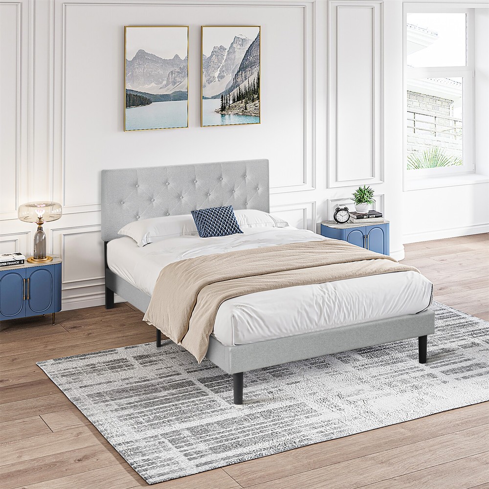Queen Size Upholstered Platform Bed Frame w/ Headboard Light Gray/Dark Gray/Pink