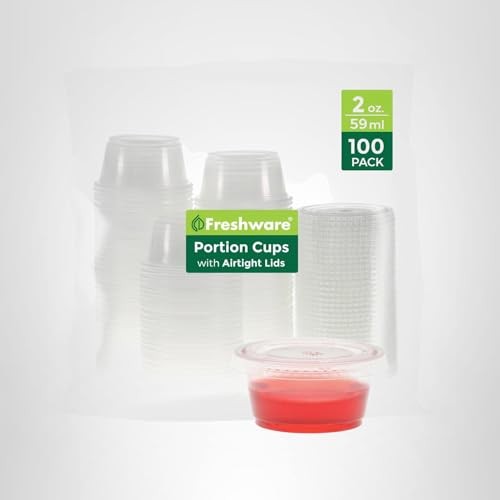 Freshware Plastic Portion Cups with Lids [2 Ounce, 100 2 oz - 100 set, Clear