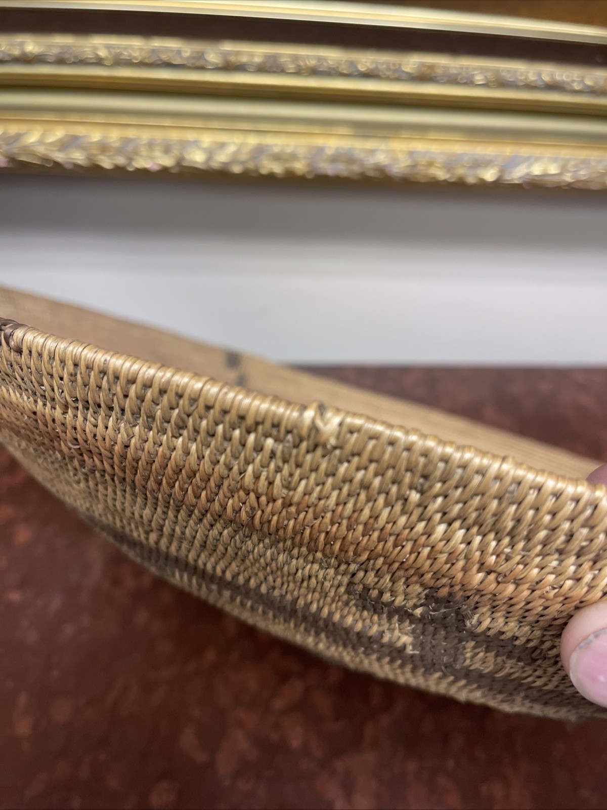 Woven Apache pictorial 17 1/4” basket with geometric and symbolic designs.