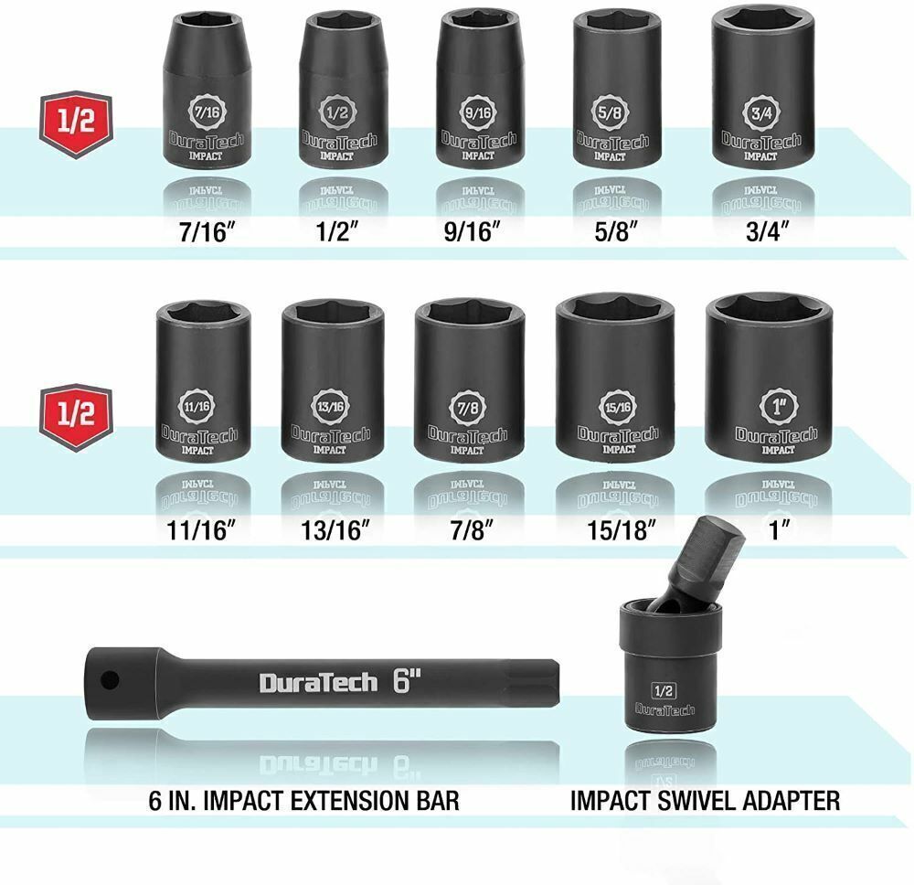 DURATECH 1/2" Dr Impact Socket Set 12PC SAE Sockets Swivel Adapter Extension Bar