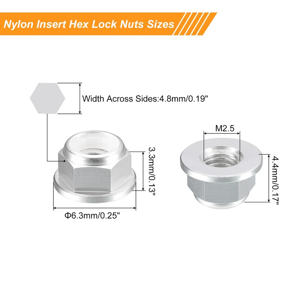 Nylon Insert Hex Lock Nuts, 10pcs - M2.5x0.45mm Self-Locking Nut(Silver)