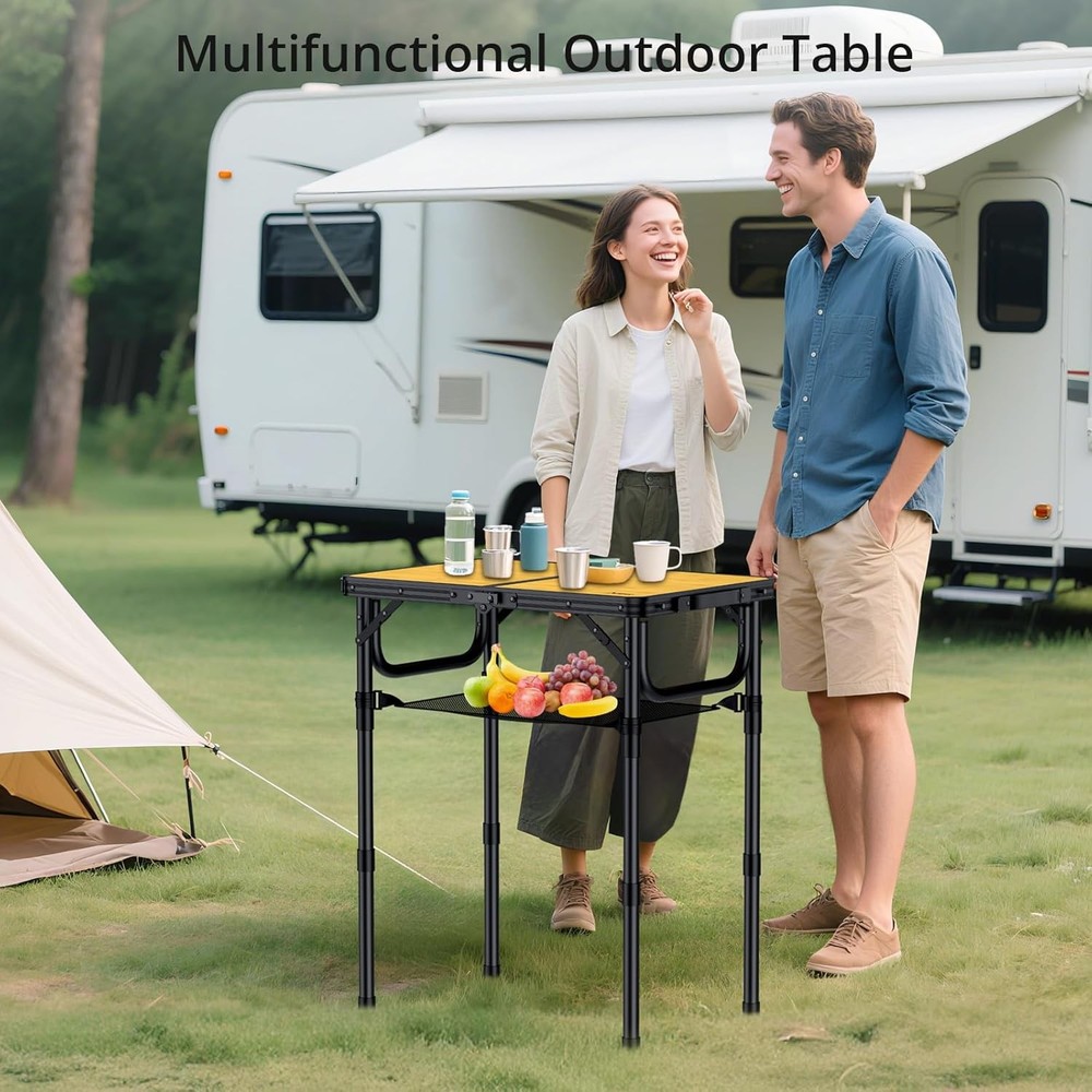 2ft Camping Table Foldable W/ Storage Net 3 Adjustable Heights Aluminum Small